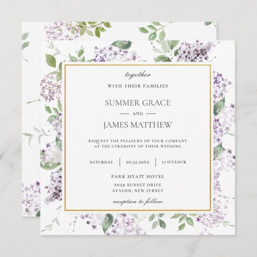 シック薄紫パープルフローラ結婚グリーナリーズススクエア 招待状 (正面/裏面)