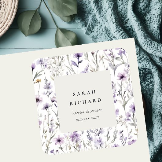 シック薄紫パープルワイルドフラワーバタフライビジネス スクエアシール