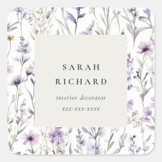 シック薄紫パープルワイルドフラワーバタフライビジネス スクエアシール (正面)