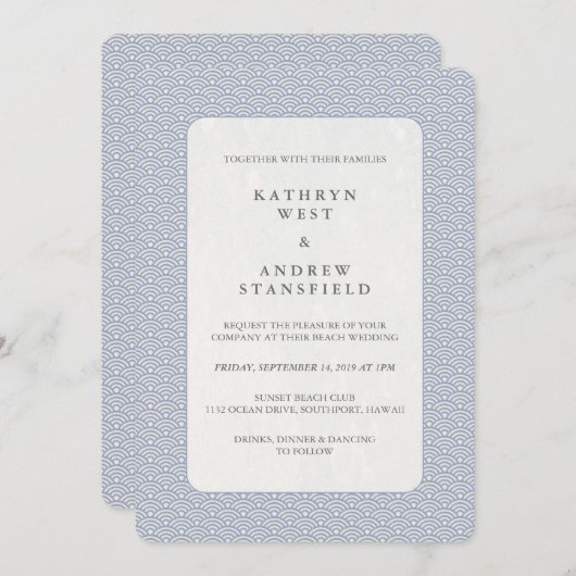 シック薄紫ブルー+ホワイトスモールウェーブパター結婚ン 招待状 (正面/裏面)