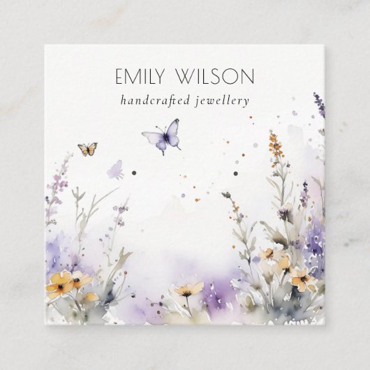 シック薄紫ワイルドフラワーバタフライイヤリングディスプレイ スクエア名刺 (正面)