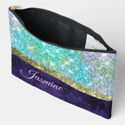 シック虹色パープルブルーフェイクグリッターモノグラム アクセサリーポーチ (見開き)