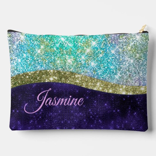 シック虹色パープルブルーフェイクグリッターモノグラム アクセサリーポーチ (裏面)