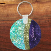 シック虹色パープルブルーフェイクグリッターモノグラム キーホルダー (正面)