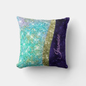 シック虹色パープルブルーフェイクグリッターモノグラム クッション (正面)