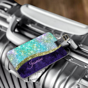 シック虹色パープルブルーフェイクグリッターモノグラム ラゲッジタグ
