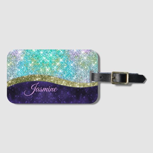 シック虹色パープルブルーフェイクグリッターモノグラム ラゲッジタグ (正面横)