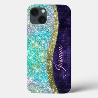 シック虹色パープルブルーフェイクグリッターモノグラム iPhone 13ケース