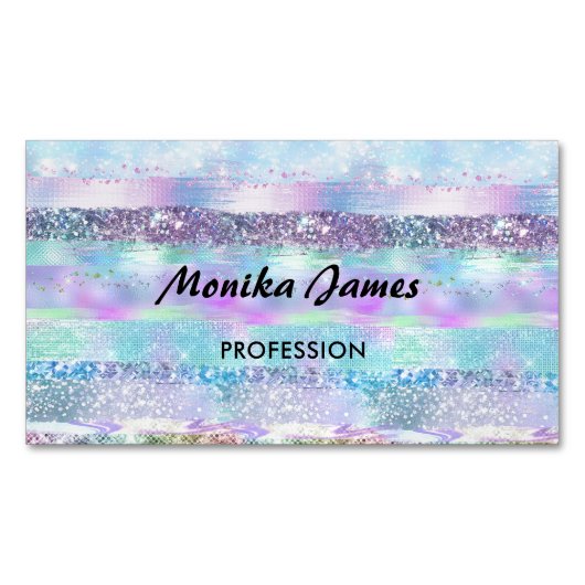 シック虹色ピンクシルバーフェイクグリッターモノグラム マグネット名刺 (正面)