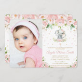 シック象赤面ピンクフローラ洗礼写真 招待状 (正面/裏面)