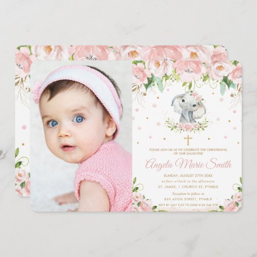 シック象赤面ピンクフローラ洗礼写真 招待状 (正面/裏面)