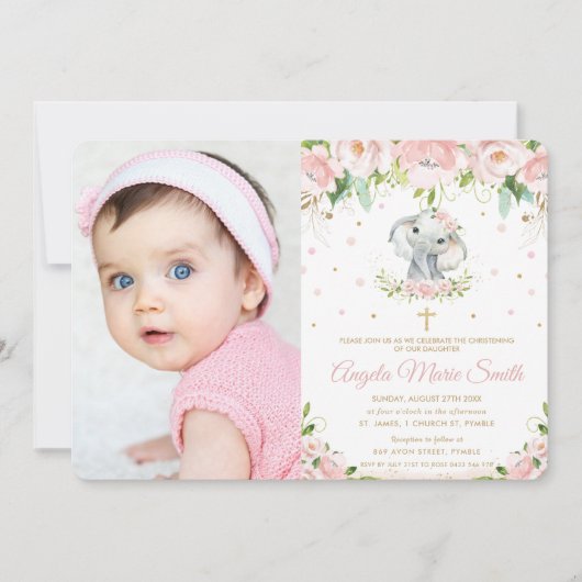 シック象赤面ピンクフローラ洗礼写真 招待状 (正面)