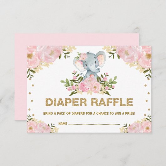シック象赤面金ゴールドフローラベビーおむつラッフル エンクロージャーカード (正面/裏面)