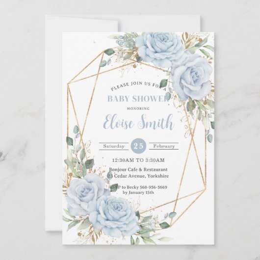 シック赤ちゃんブルーフローラ男の子ベビーシャワーQRコード 招待状 (正面)