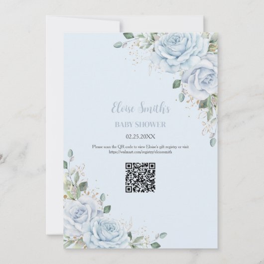 シック赤ちゃんブルーフローラ男の子ベビーシャワーQRコード 招待状 (裏面)