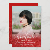 シック赤グリッターグラデーションガーリー写真卒業 案内状 (正面/裏面)