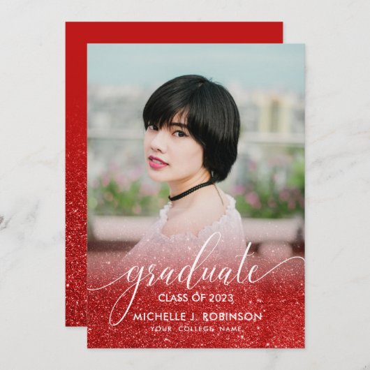 シック赤グリッターグラデーションガーリー写真卒業 案内状 (正面/裏面)