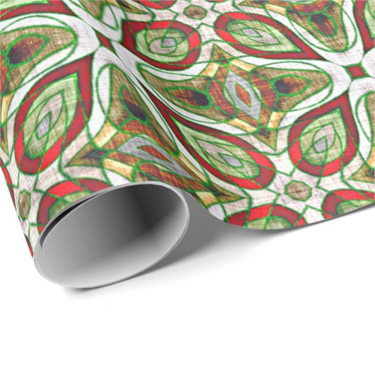 シック赤グリーンろうけつ染め万華鏡のように千変万化するパターンモザイクパターン ラッピングペーパー (ロールコーナー)