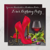 シック赤ハイヒール赤ワイン誕生日パーティー 招待状 (正面/裏面)