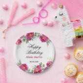 シック赤バイオレットピオニーフローラ緑誕生日 ペーパープレート (パーティー)