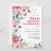 シック赤ピンク牡丹フラワー金ゴールドリーフ誕生日 招待状 (正面)