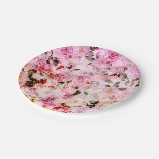 シック赤面かわいらしピンク水彩バラフローラ ペーパープレート (アングル)