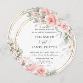 シック赤面ソフトピンクフローラ金ゴールド緑結婚色 招待状 (正面/裏面)