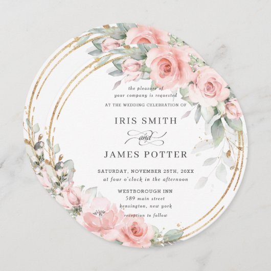 シック赤面ソフトピンクフローラ金ゴールド緑結婚色 招待状 (正面/裏面)