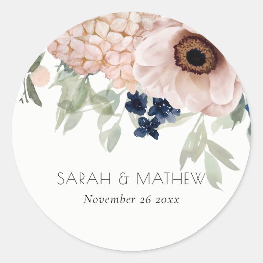 シック赤面ネイビーアネモネフローラウォーターカラー結婚ズ ラウンドシール (正面)