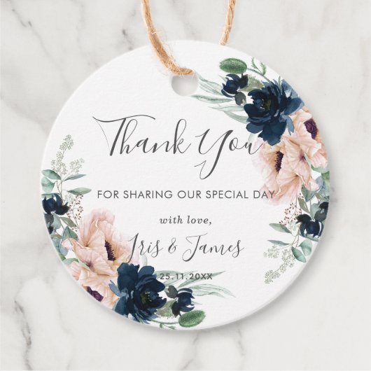 シック赤面ネイビーブルーバラフローラ結婚ズサンキューユー フェイバータグ (正面)