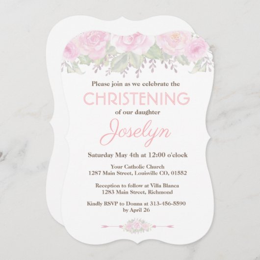 シック赤面バラガーデンフローラバプテスマ招待状 招待状 (正面/裏面)