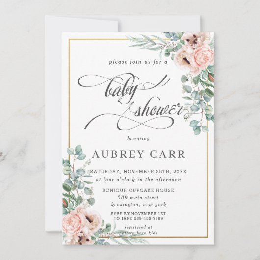 シック赤面バラフローラベビーシャワー幾何学金ゴールド 招待状 (正面)