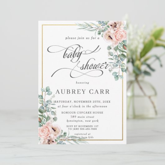 シック赤面バラフローラベビーシャワー幾何学金ゴールド 招待状 (スタンド正面)