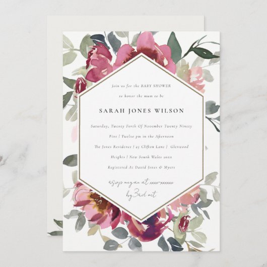 シック赤面バーガンディバラフローラベビーシャワー招待状 サンキューカード (正面/裏面)