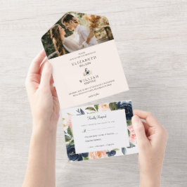 シック赤面ピンクとネイビーブルーのフローラ結婚の写真 オールインワン招待状