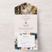 シック赤面ピンクとネイビーブルーのフローラ結婚の写真 オールインワン招待状 (内側)