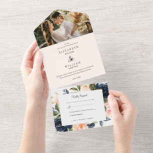 シック赤面ピンクとネイビーブルーのフローラ結婚の写真 オールインワン招待状