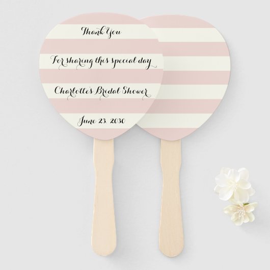 シック赤面ピンクアイボリーストライプスクリプトブライダルシャワー ハンドファン (正面&裏面)