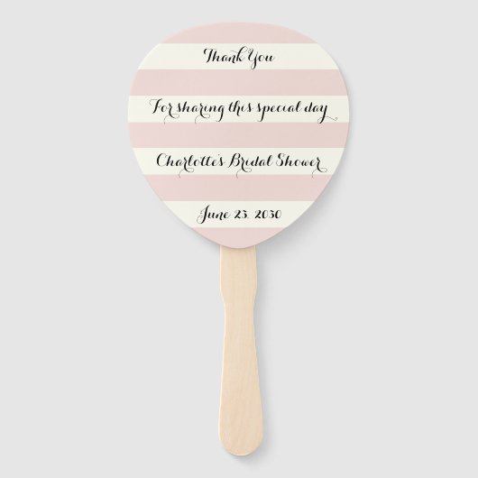 シック赤面ピンクアイボリーストライプスクリプトブライダルシャワー ハンドファン (正面)