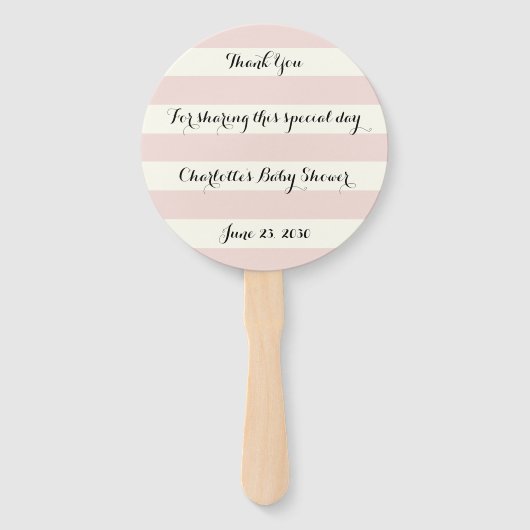 シック赤面ピンクアイボリーストライプスクリプトベビーシャワー ハンドファン (正面)