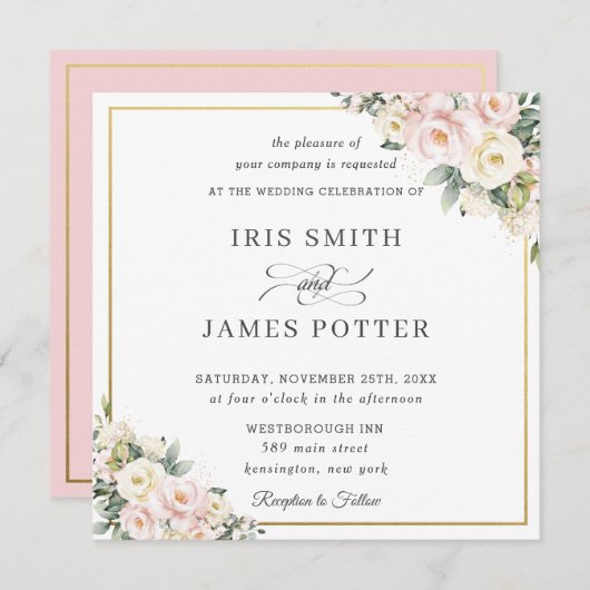 シック赤面ピンクアイボリーフローラ結婚金ゴールドズスクエア 招待状 (正面/裏面)