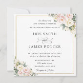 シック赤面ピンクアイボリーフローラ結婚金ゴールドズスクエア 招待状 (正面)