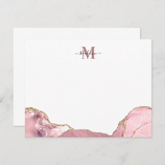 シック赤面ピンクアゲートジード大理石モノグラムノートC ノートカード (正面/裏面)