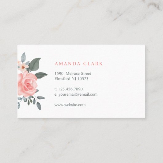 シック赤面ピンクウォーターカラーフローラバラ&緑 名刺 (裏面)