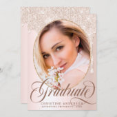 シック赤面ピンクグリッター写真卒業パーティー 招待状 (正面/裏面)
