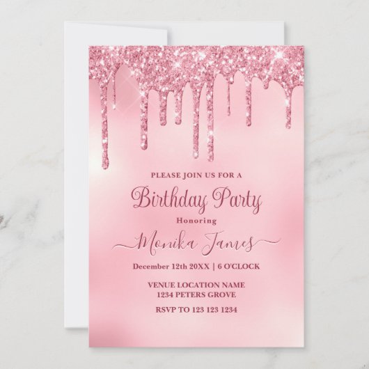 シック赤面ピンクスパークルグリッタードリップス誕生日 招待状 (正面)