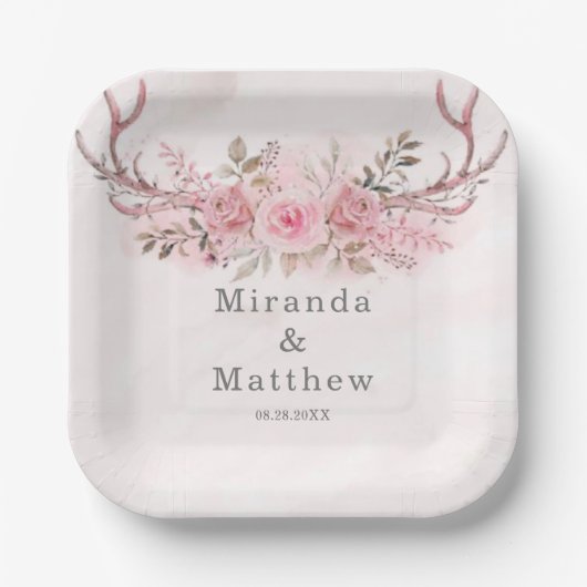 シック赤面ピンクセージディア〔雄ジカの〕枝角フローラ結婚ズ ペーパープレート (正面)
