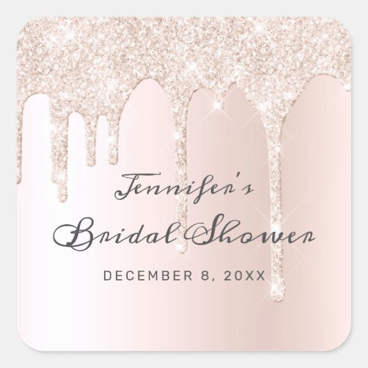 シック赤面ピンクドリッピンググリッターブライダルシャワー スクエアシール (正面)
