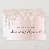 シック赤面ピンクドリッピンググリッターメイド・オブ・オーナー(花嫁付き添い人) 招待状 (正面/裏面)