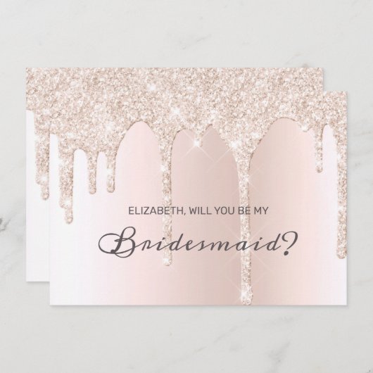 シック赤面ピンクドリップグリッターブライドメイド 招待状 (正面/裏面)